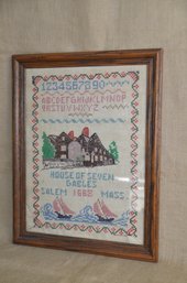 (#55C) Vintage Needlepoint House Of Seven Gables Wood Frame 18x14