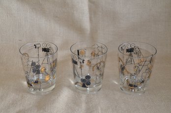(#101) Vintage Mid Century Modern Hollywood Film Motif Old Fashion Drinking Glasses 4'H Lot Of 3