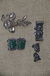 (#130) Sterling Silver Flower Pin ~ Silver Green Gem Stone Clip Earrings ~ Comedy Tragedy Mask Pin & Earrings