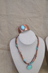 (#117) Turquoise Pendant On Bead Chain ~ Turquoise Center Stone Copper Bracelet
