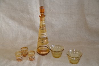 (#103) Vintage MCM Libby Amber Strips Decanter Set Of 3 Shot Glasses ~ Amber Custard Cups 2