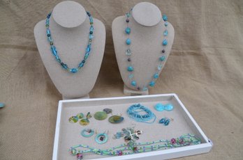 (#119) Bluish Green Costume Jewelry Lot Of Necklaces, Bracelets, Earrings