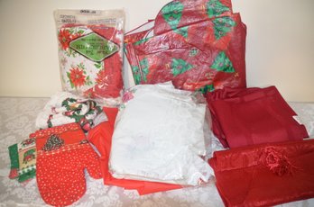 (#194) Christmas Table Linens Plastic, Fabric Napkins, Table Runner, Dish Towel