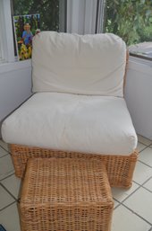 (#74) Wicker Side Armless Accent Chair With Cushion And Foot Stool