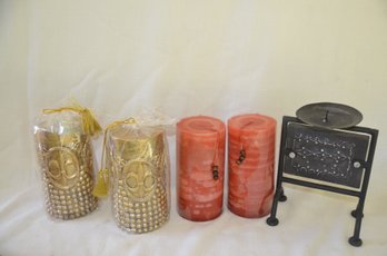 84) Assorted Pillar Candles And Metal Candle Holder