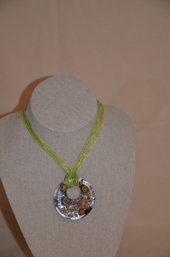 134) Silver Brown Color Open Circle Shape Blown Glass Pendant Choker Charm Necklace Lime Green Ribbon Chain