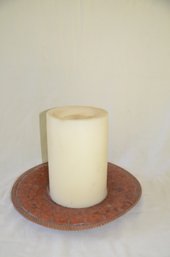 85) Pier 1 Ceramic Large Round Platter With Used Pillar Candle