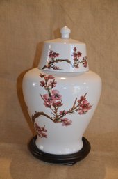 26) Ceramic  Hand Painted Asian Ginger Jar On Wooden Base Taiwan