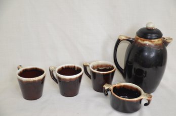 58) Vintage 5 Pieces Pfaltzgraff Brown Dip Coffee Tea Pot - Sugar Bowl - 3 Mugs