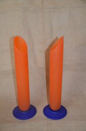 (#146) Pair Of Unique Frosted Orange Glass Blue Frosted Base Rose Stem Vases 13.5'H