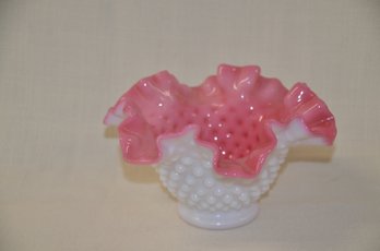 2LS) Vintage Fenton Blown 6' Glass White Hobnail Ruffled Edge With Pink Inside Candy Bowl