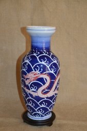 27) Hand Painted Asian Blue And White Dragon Vase On Wooden Base Taiwan