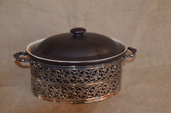 169) Silver Plate Oval Casserole Holder Brown Covered Casserole Dish 10x8