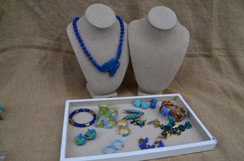 (#122) Blue / Teal Costume Jewelry Lot Of Necklaces, Earrings, Bracelets