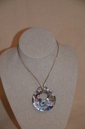 136) Circle Donut Shape Blown Glass Multi Colors Pendant Choker Charm Necklace Copper Leather Chain