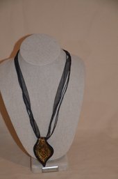 137) Blown Glass Copper Black Pendant Choker Charm Necklace Black Ribbon Chain