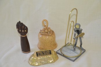 58) Lot Of 3 Assorted Trinkets:  Resin Bell, Wood Sculpture Of Fist 5', Gold Rock Paper Weight