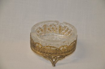 6LS) Mid Century 5' Hollywood Regency Ornate Heavy Cut Crystal Glass With Ormolu Gilded Stand Ashtray