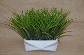 (#8) Artificial Green Grass Arrangement White Ceramic Planter