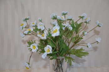 (#151) Vintage Bonwit Teller French White Seed Beaded Flowers, Green Leaf Arrangement