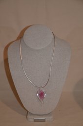 140) Blown Glass Pendent Choker Charm Necklace Tear Drop Clear Center Pink Flower Leather Adjustable Chain