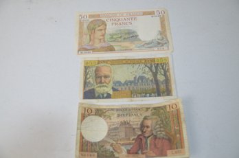 (#431) Vintage Banque De France Currency Bills (50, 10, 5)