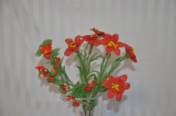 (#152) Vintage Bonwit Teller French Red Seed Beaded Flowers, Green Leaf Arrangement