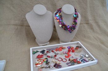 (#129) Red / Colorful / Holiday Costume Jewelry Lot Of Necklaces, Earrings, Pins, Bracelets