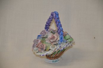 9LS) Small Floral Pottery Handle Basket 3.5' ( Has A Small Chip On Bottom)