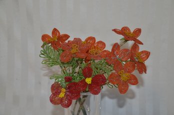 (#153) Vintage Bonwit Teller French Rust / Red Seed Beaded Flowers, Green Leaf Arrangement