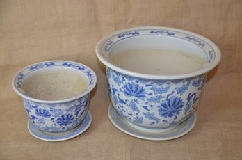 (#158) Blue And White Ceramic Planters With Saucer