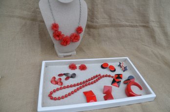 (#130) Red Costume Jewelry Lot Of Holiday Ware Necklaces, Bracelets, Earrings