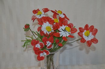 (#154) Vintage Bonwit Teller French White / Yellow Center Red Seed Beaded Flowers, Green Leaf Arrangement