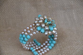 (#131) Antique Pearl And Teal Beads Bracelet