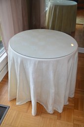 (#13) Round Side Table With Glass Top And Table Linen