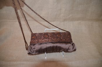 (#28) Beaded Bronze / Silk Carlo Fellini Evening Handbag With Shoulder Long Strap