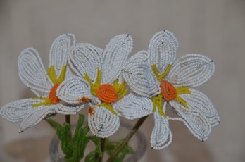 (#155) Vintage Bonwit Teller French White Orange Center Seed Beaded Flowers, Green Leaf Arrangement