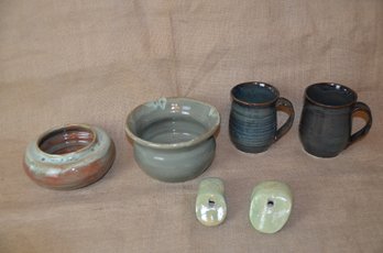 (#163) Hand Made Pottery Bowl And Mugs And Pair Of Hand Made Whistles