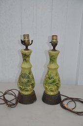 (#70) Vintage Ceramic Painted Floral Table Lamps Tin Base 11'