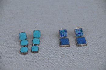(#132) Sterling Silver Turquoise Stone And Blue Stone Pieced Earrings