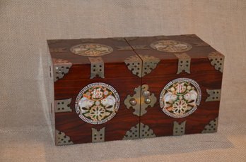 35) Korean Lacquered Wood Mother Of Pearl Inlay Folding Form Jewelry Box Brass Hardware With 4 Drawers