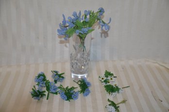 (#156) Vintage Bonwit Teller French Petite Blue Iris And White Seed Beaded Flowers, Green Leaf Arrangement