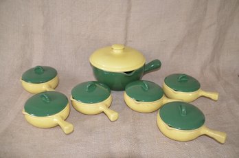 55) Vintage MCM Mid Century Modern Oven Stoneware Crocks Casserole Pots 6 With Lids 1 Larger Green & Yellow