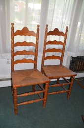 Pair Of Wood Ladder Back Rattan Seated Chair