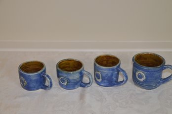 (#12)  4 Signed B Zegarek  Blue Pottery  Cups  1 Lg / 3 Sm