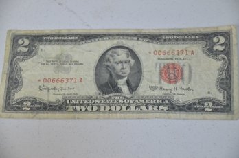 (#436) 1963 A Series $2 Two Dollar Bill Red Seal United States Serial# 00666371A