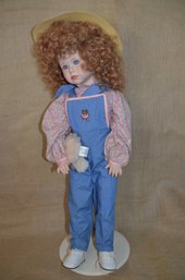 (#66) Porcelain Doll With Stand Girl With Tear In Eye Her Bear's Head Broke 24'H No Box