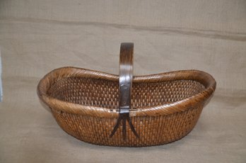 (#16) Antique Straw Willow Basket From Shandong Metal Side Handle Detail
