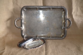 (#119) Sheridan Silver Plate Butter Dish With Glass Insert ~ Silver Plate Serving Tray (handle Needs Screw)
