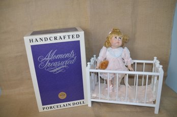 (#67) Porcelain Baby Doll With Foldable Crib Moments Treasured JANIE Stamped #0221055 14' With Box